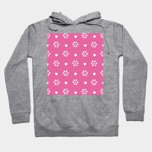 White doodle paw prints with pink hearts and pink background Hoodie